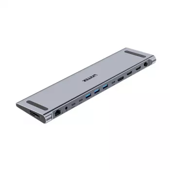 Unitek D1106AGY01 USB-C triguba 4K dokų stotis su KVM, 3x USB-A, 5x USB-C, HDMI×2, DP×1, RJ-45, SD kortelių skaitytuvas, 3840×2160@60Hz, aliuminis