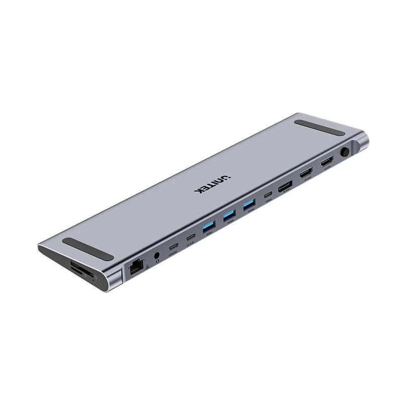 Unitek D1106AGY01 USB-C triguba 4K dokų stotis su KVM, 3x USB-A, 5x USB-C, HDMI×2, DP×1, RJ-45, SD kortelių skaitytuvas, 3840×2160@60Hz, aliuminis