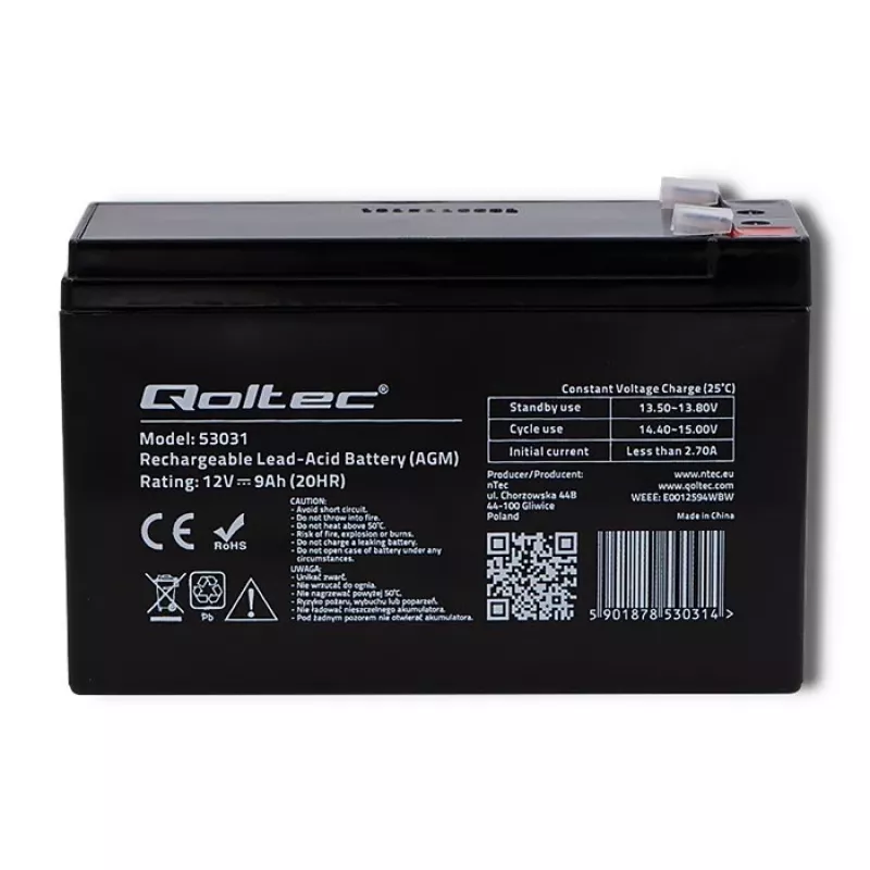 Nepriekaištingo maitinimo šaltinio baterija QOLTEC 53031 12V 9Ah žalia