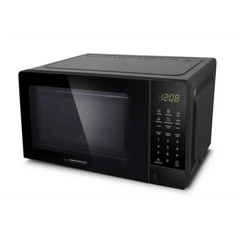 Mikrobangų krosnelė Solo ESPERANZA EKO009 — 700 W, 20 L, LED ekranas, jutiklinis valdymas, 24,5 cm stiklinė lėkštė, juoda
