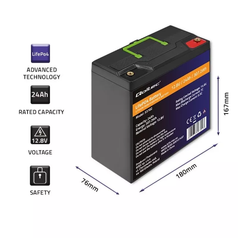 Qoltec 53702 LiFePO4 ličio geležies fosfato baterija | 12.8V | 24Ah | 307.2Wh | BMS