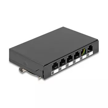 Tuščias 6 prievadų skydelis Keystone RJ moduliams DELOCK 90628, juodas, metalinis, montavimui ant stalo, sienos arba DIN bėgio