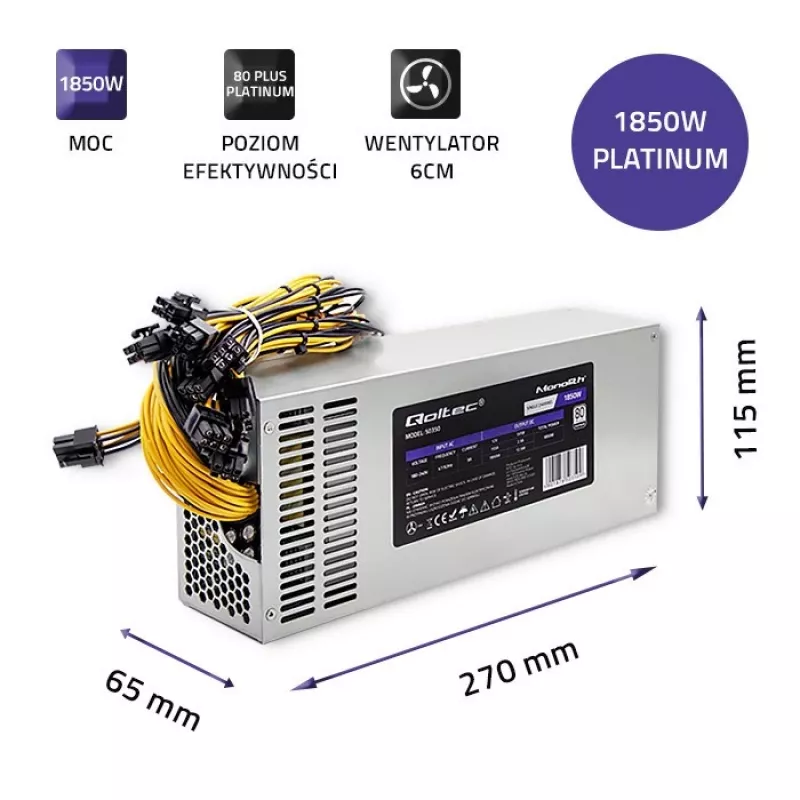 Qoltec 50350 maitinimo blokas 1850W PCI-E | 80 Plus Platinum | Žaidimams ir kasybai