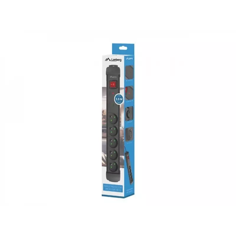 Prailginimo laidas LANBERG SP1 1,5 m – 5 PL kištukinių lizdų, juodas