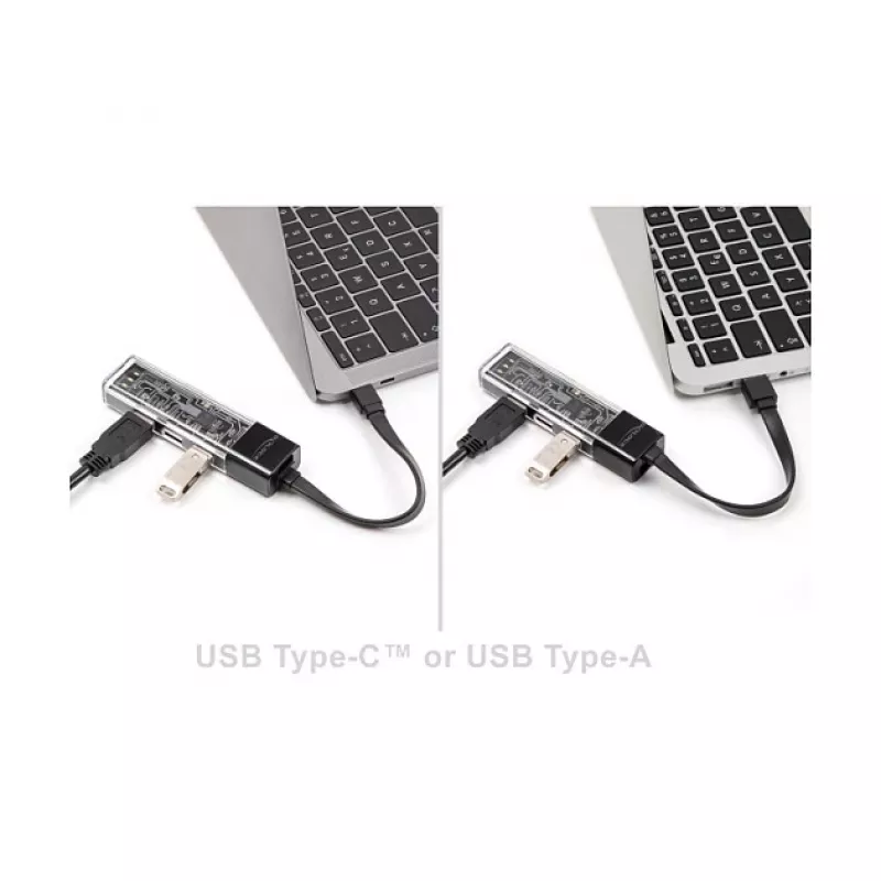 DELOCK USB 3.2 Gen 1 4 prievadų USB šakotuvas su Type-A + Type-C jungtimi (5000 Mbit/s) juodas/permatomas