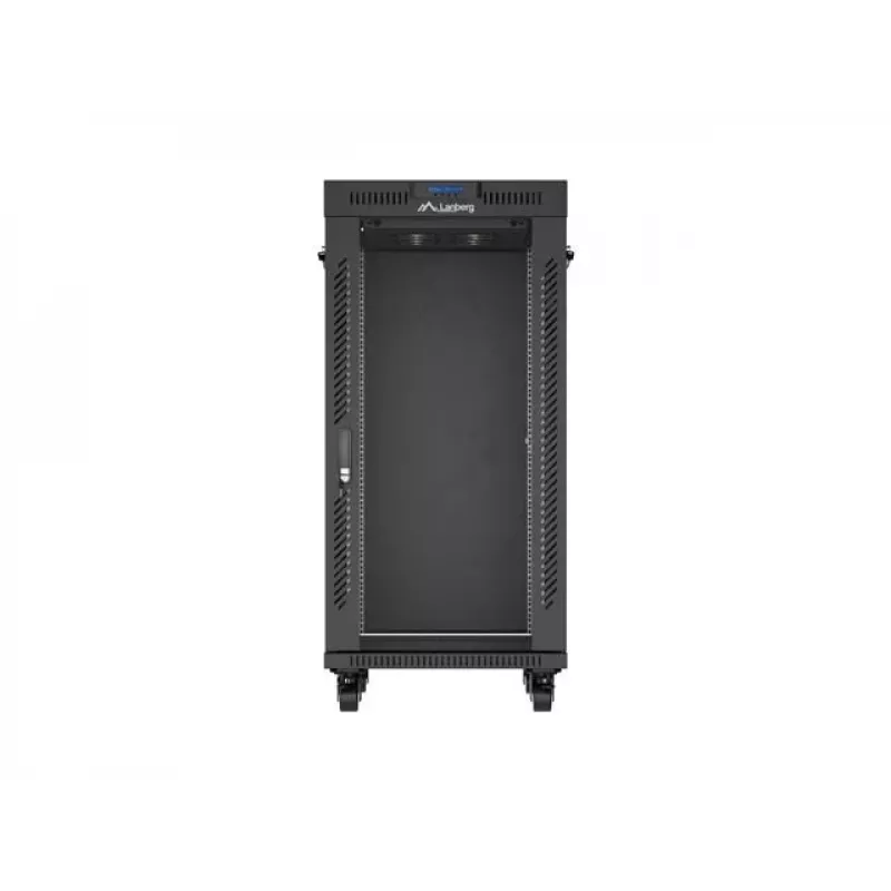 Tinklinis spintos stovas LANBERG 19 colių 24U 600x800 mm juodas su stiklo durelėmis ir LCD išpjova (Flat Pack) v2
