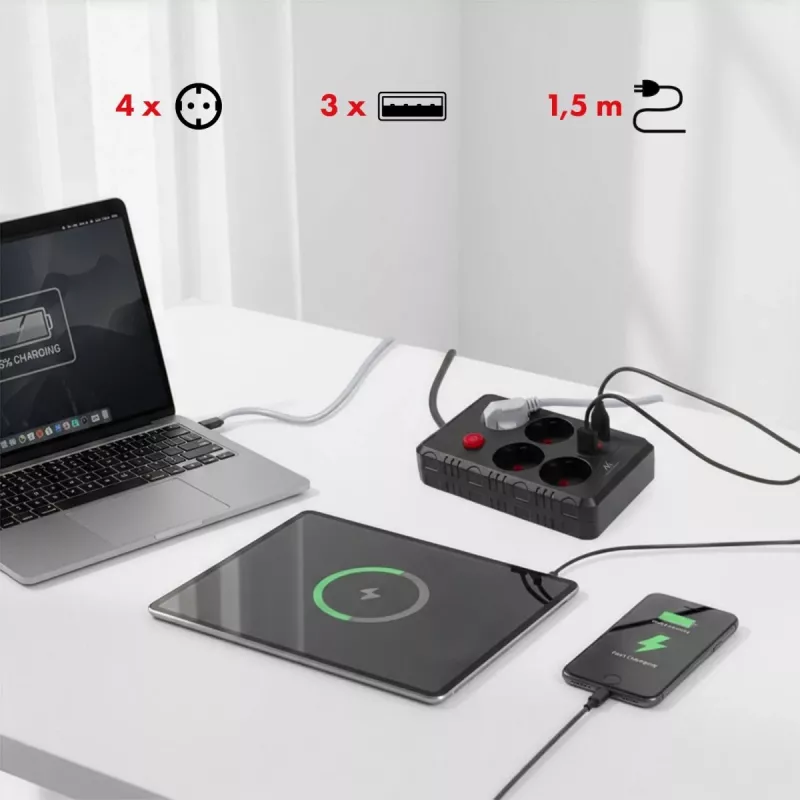 Ilgintuvas MACLEAN MCE392 B – 4 kištukiniai lizdai, 3×USB, 110–240V, 2,1A, 2500W, 1,5 m laidas, juodas