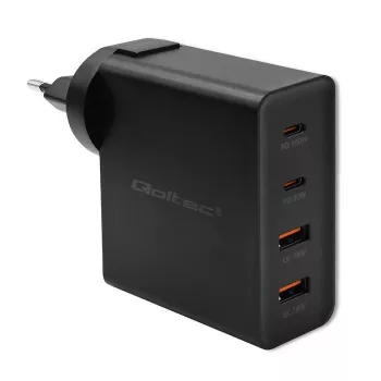 Qoltec GaN POWER PRO Įkroviklis | 2xUSB-C | 2xUSB | 130W | 5-20V | 1.5-5A | XP | Juodas