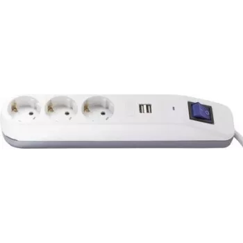 REV ICE 3-ių lizdų ilgintuvas su USB prievadais ir jungikliu, 1,4 m laidas, baltas