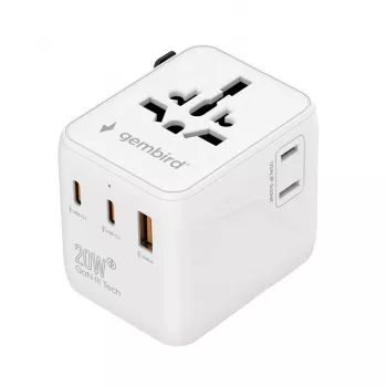 Kelioninis maitinimo adapteris GEMBIRD TPA-1A2C20-01-W — 20 W, USB-A (18 W) + 2× USB-C (20 W), E tipo kištukas, baltas