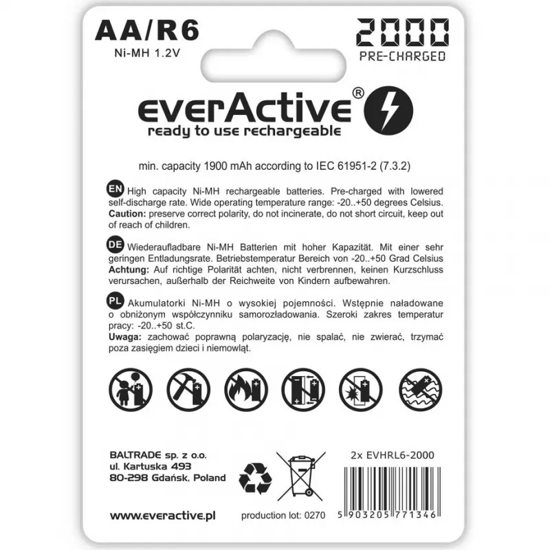 Įkraunamos baterijos R6/AA 2000 mAh, lizdinėje pakuotėje 2 vnt.