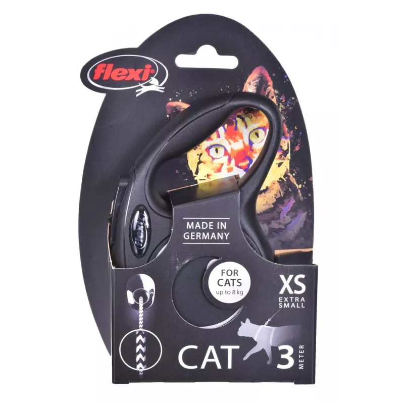Ištraukiamas pavadėlis Flexi New Classic Cat XS 3 m – virvelinis pavadėlis mažiems augintiniams, juodas, maks. apkrova 8 kg