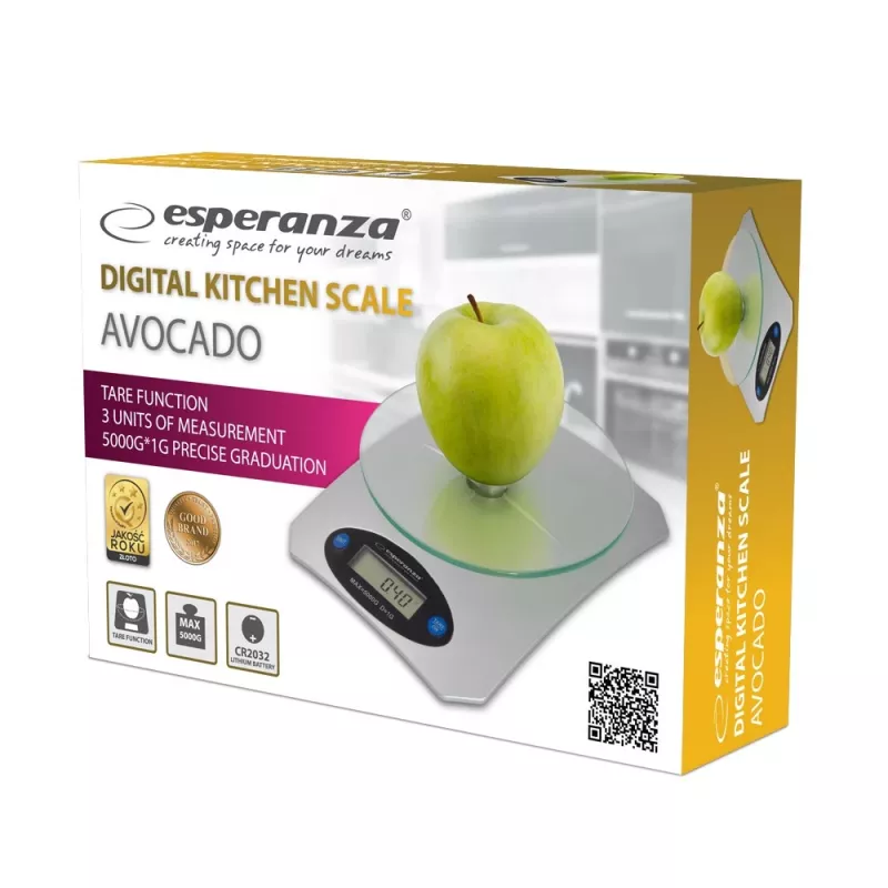 Virtuvinės elektroninės svarstyklės ESPERANZA Avocado Grey, 5 kg, bambuko platforma