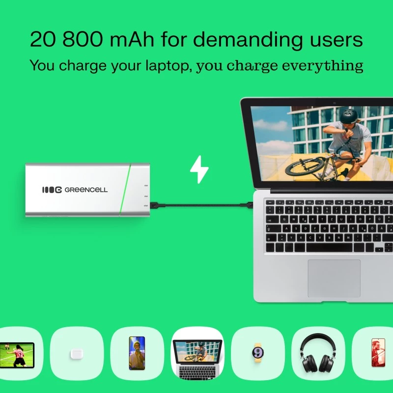 Nešiojama baterija Green Cell BPLGC20P 20800 mAh Li‑Jonų, USB‑C PD 65W, 2x USB‑C + 1x USB‑A, aliumininis korpusas