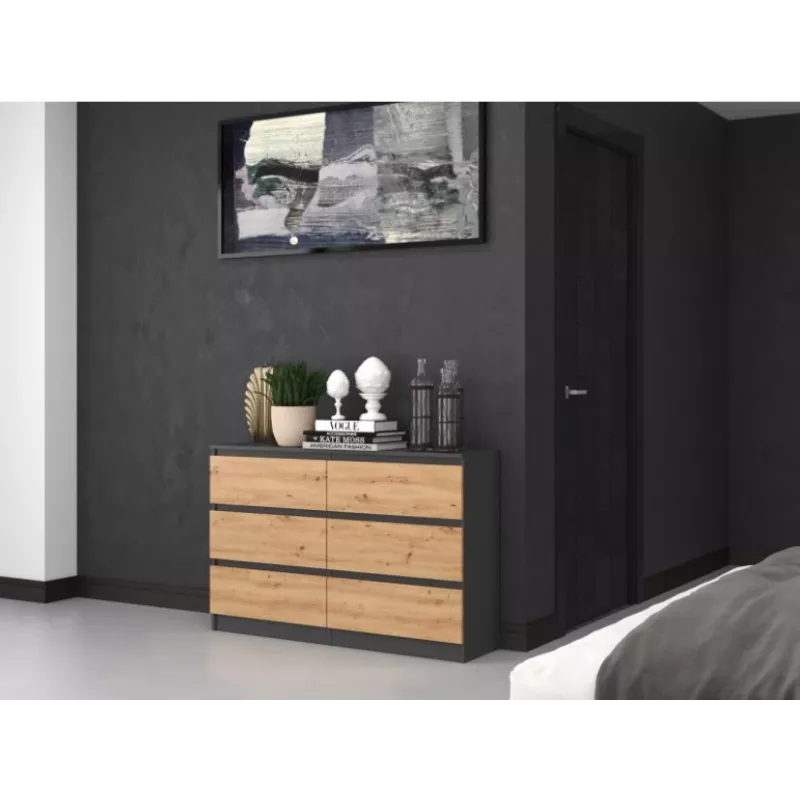 Komoda Top e shop M6 120 – Antracitas/Ąžuolas, 6 stalčių, 1200×300×770 mm, medžio drožlių plokštė