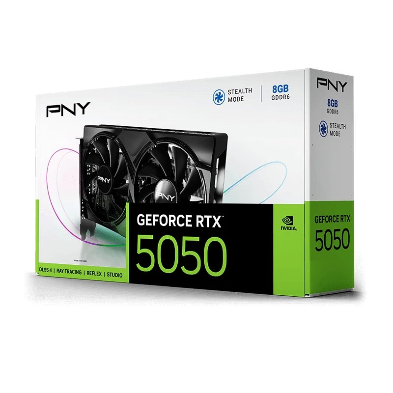 Vaizdo plokštė PNY GeForce RTX 5050 – 8 GB GDDR6, 2317 MHz, 128 bitų, PCIe x8 5.0, dviejų ventiliatorių aušinimas