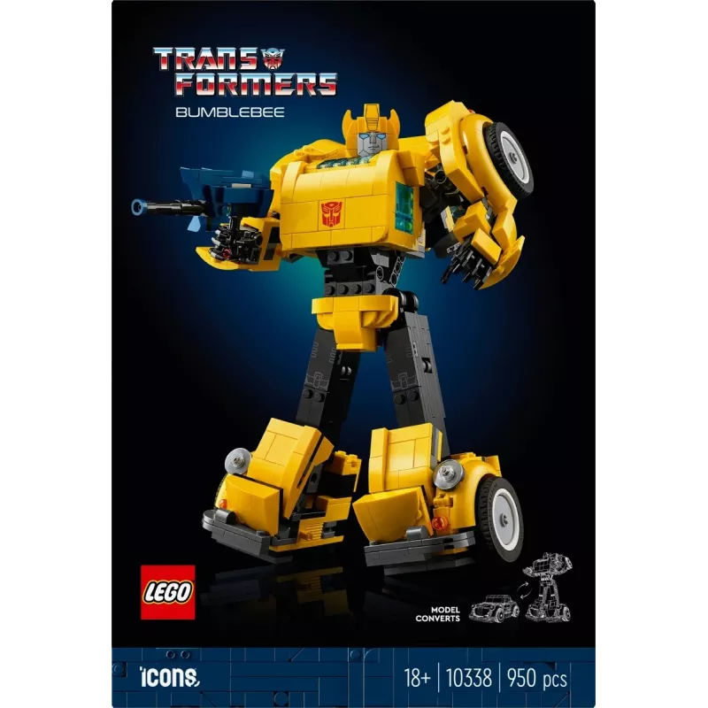 LEGO Icons Transformers Bumblebee veiksmo figūrėlės konstravimo rinkinys – kolekcinis robotų modelis suaugusiems, transformuojamas į transporto priemonę, dovana vyrams