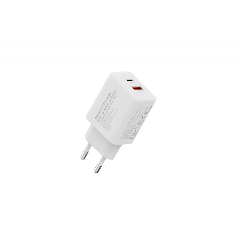 USB-C ir USB-A įkroviklis DIGITUS 20 W, 1x USB-C, 1x USB-A, 100–240 V, baltas