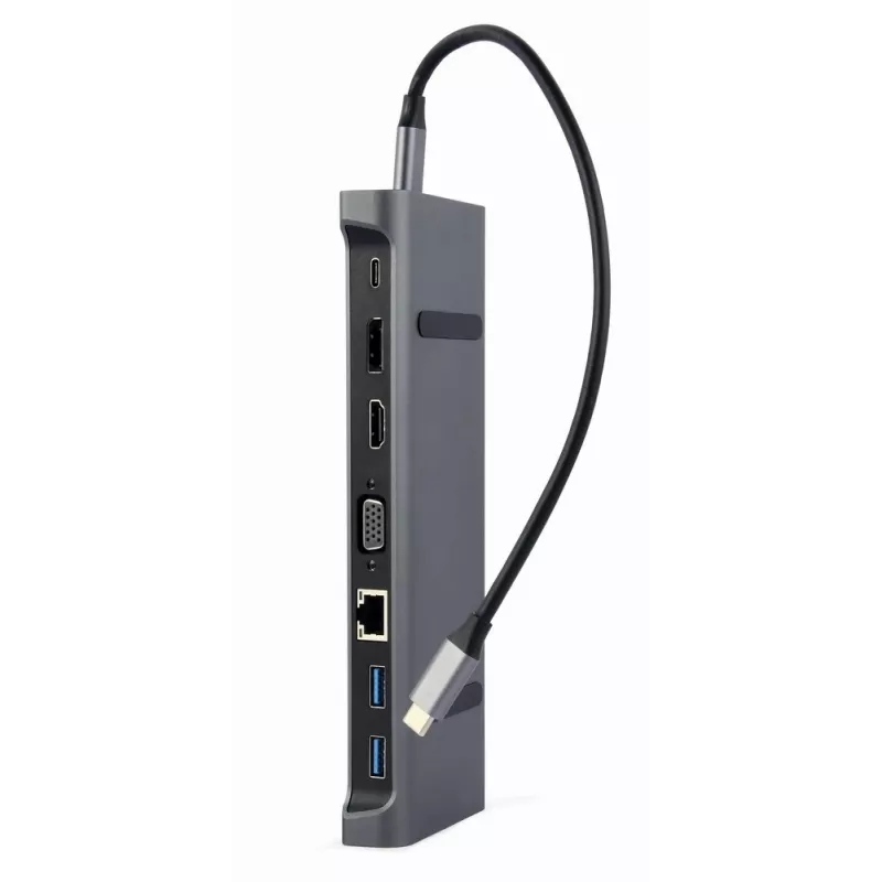 Dokavimo stotelė nešiojamam kompiuteriui Gembird A-CM-COMBO9-02 USB 3.2 Gen 1 Type-C, HDMI, VGA, 3×USB-A, Gigabit Ethernet, 87W PD, Pilka
