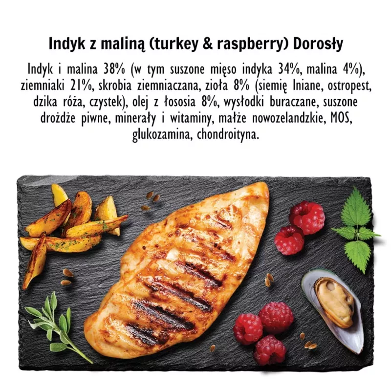 Sausas šunų ėdalas PAKA ZWIERZAKA Kalakutiena su avietėmis M — 9 kg, suaugusiems didelių veislių šunims, 28% baltymų, 15% riebalų