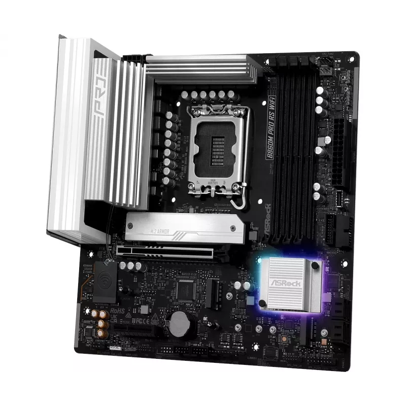 Motininė plokštė ASRock B860M Pro RS WiFi — Intel B860, LGA 1851, micro ATX, DDR5, 4 lizdai, 3x M.2, 2,5Gb LAN, Wi‑Fi, Bluetooth