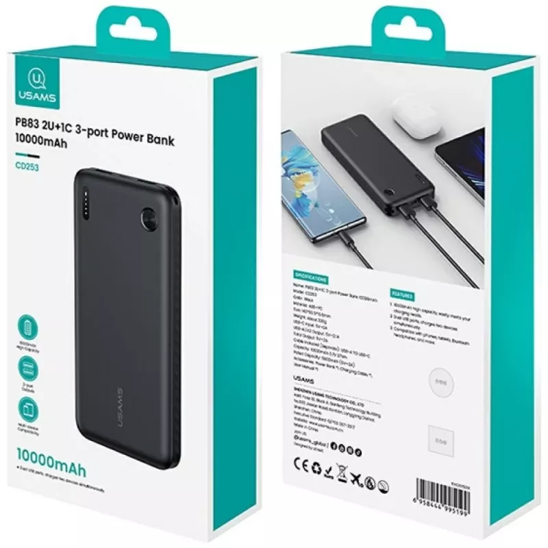 Power bank usams PB83 10000mAh PD 2×USB-A USB-C baltas