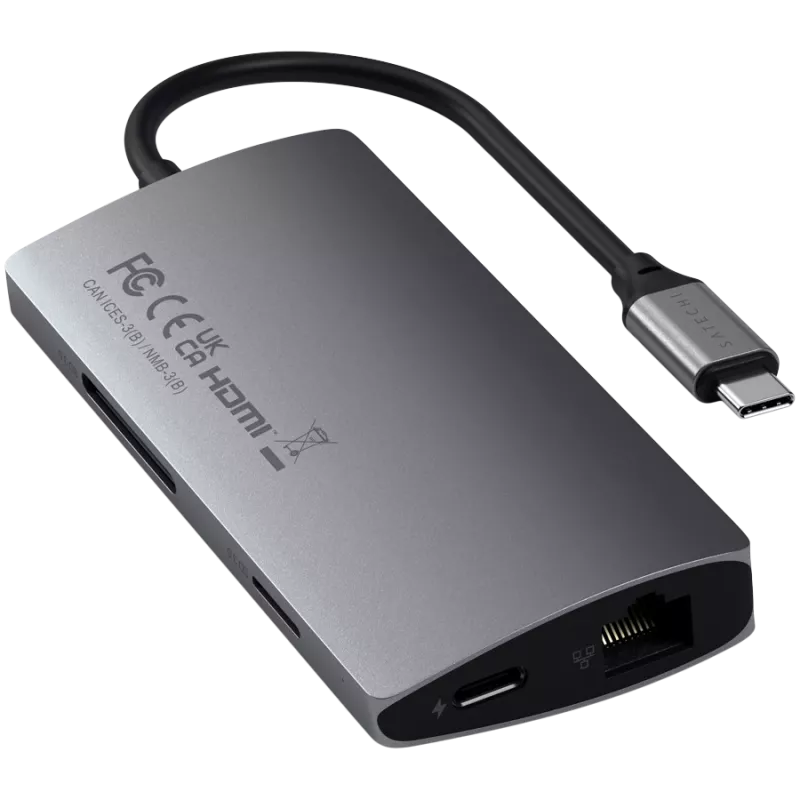 Satechi Aliumininis Adapteris V2 USB-C (USB-C, 3x USB-A, 4K HDMI, SD/microSD kortelių skaitytuvas, Ethernet) (žvaigždžių pilka)