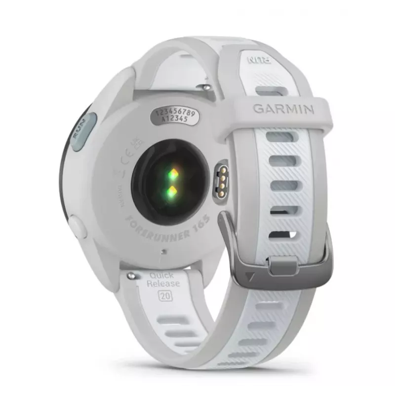 Išmanusis laikrodis GARMIN Forerunner 165 – GPS, AMOLED 1,2 colio, 4 GB, 5 ATM, 11 dienų baterija, pilkas korpusas, baltas dirželis