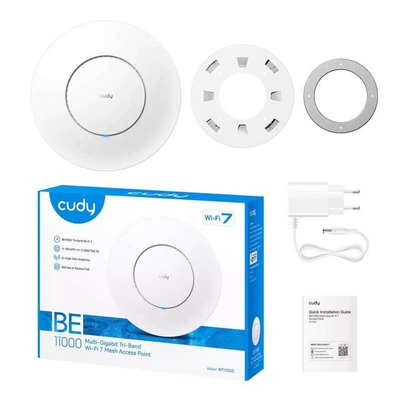 Belaidis prieigos taškas Cudy AP11000 — triju dažnių juostų Wi‑Fi 6 (2,4/5/6 GHz), 5760 Mbps, MU‑MIMO, montavimui ant lubų/sienos