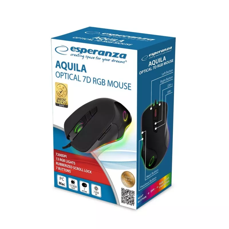 Optinė žaidimų pelė ESPERANZA EM132 — 7 mygtukai, 7200 DPI, RGB, dešinei rankai, USB 2.0, 1,5 m laidas