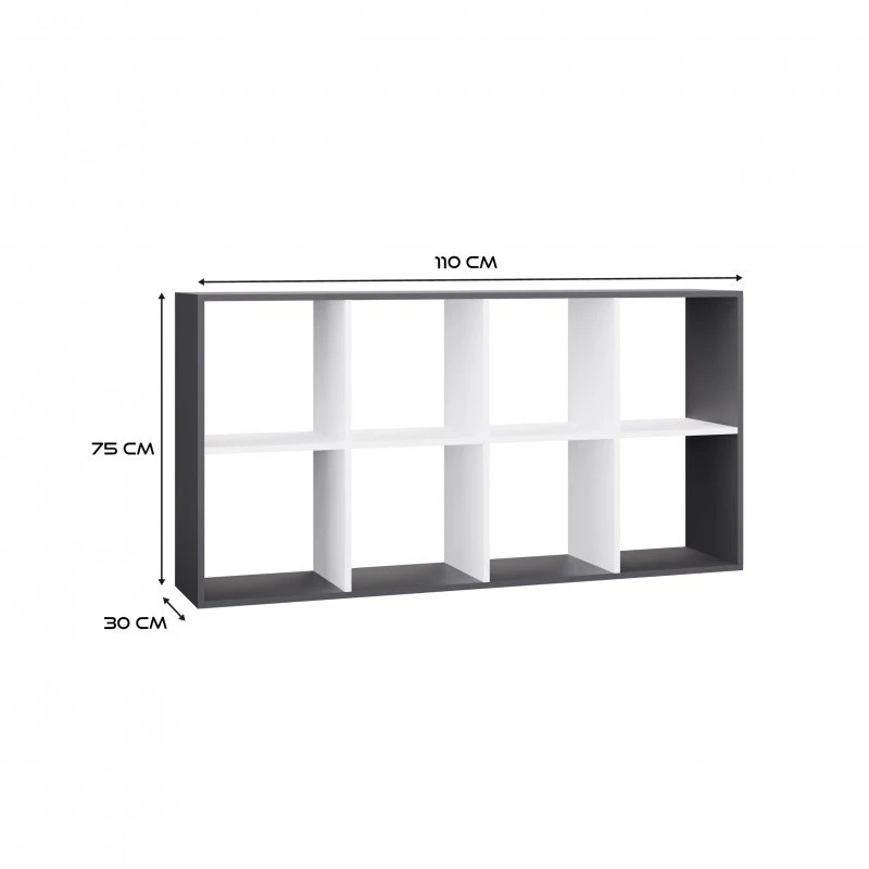 Lentynų blokas MALAX 2x4, medžio drožlių plokštė, antracito rėmas, baltos lentynos, 1470×750×300 mm