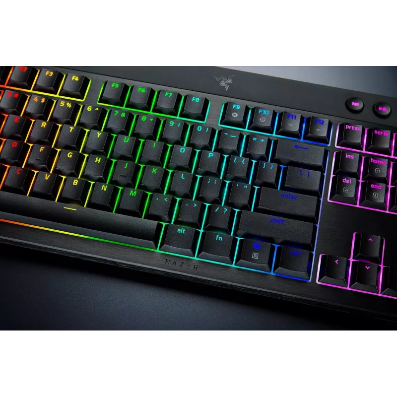 Razer BlackWidow V4 Low-Profile Tenkeyless HyperSpeed klaviatūra, žaidimų, USB / RF belaidė / Bluetooth, QWERTY US International, juoda