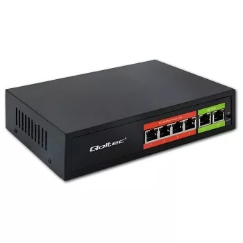Eterneto PoE jungiklis QOLTEC 52289 — 4x RJ45 PoE prievadai, 2x RJ45 jungtis, 65W galios biudžetas