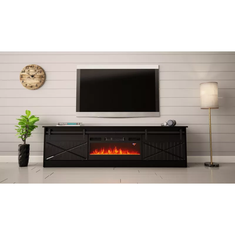 TV spintelė su židiniu Cama Meble GRANERO 200 x 56,7 x 35 cm juoda/juodas blizgesys, 2 durys, 2 lentynos, stumdomos durys, MDF/medžio drožlių plokštė