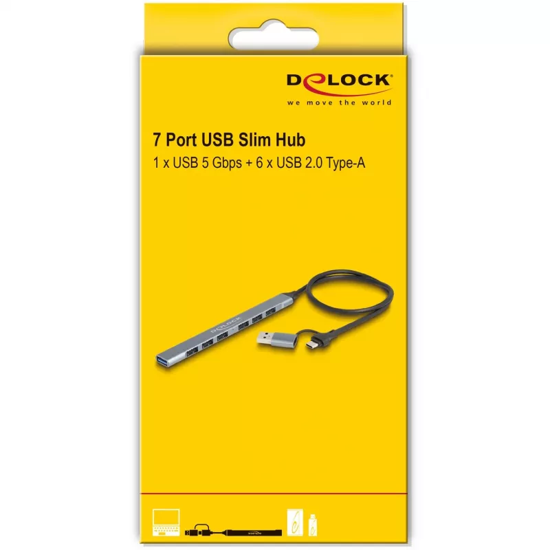 Delock 64273 plonas 7 prievadų USB šakotuvas, USB Type-C arba Type-A į 1x USB 5 Gbps Type-A + 6x USB 2.0 Type-A