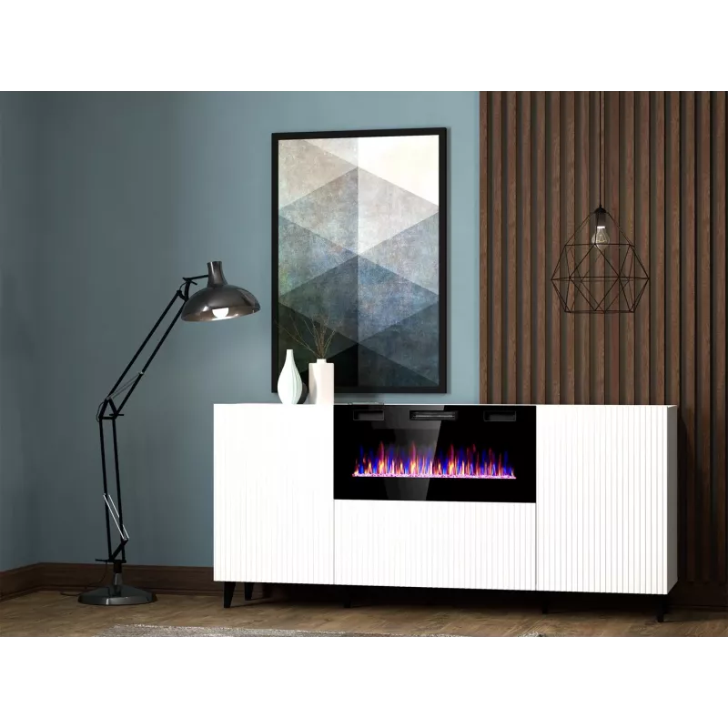 Komoda su elektriniu židiniu Cama Meble PAFOS, 180x42x82 cm, balta matinė, 1400–1600 W, be rankenų, 3 durys, 2 lentynos