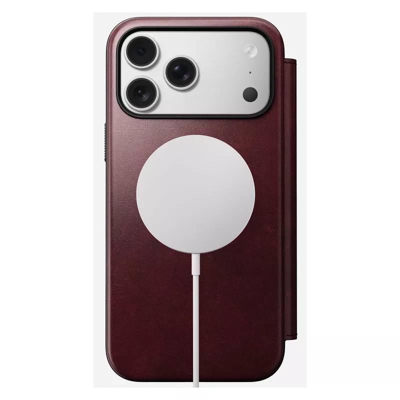 Dėklas telefonui Nomad Modern Leather Folio, skirtas iPhone 17 Pro Max — odinis, TPU, PC, aliuminis, bordo spalvos, 16 cm (6,3 colio)