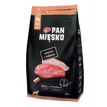 Sausas šunų ėdalas Pan Miesko Veršiena su Kalakutu XS 20 kg – suaugusiems mažų veislių šunims, 30% baltymų, 20% riebalų