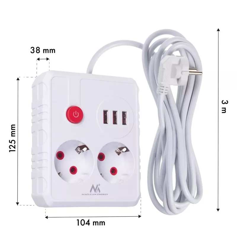Maitinimo blokas MACLEAN MCE388 W — 2 kištukiniai lizdai, 3×USB, 110–240V, 2500W, 3 m laidas, baltas