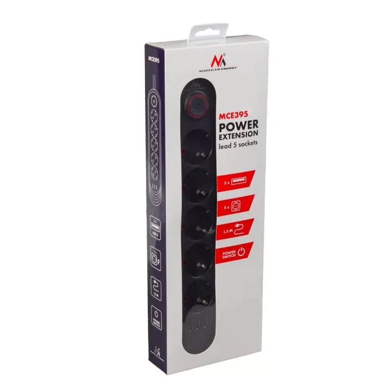 Maitinimo blokas MACLEAN MCE395 B – 5 kištukiniai lizdai, 3×USB, 110–240V AC, 2.1A USB, 2500W, 1,5 m laidas, juodas
