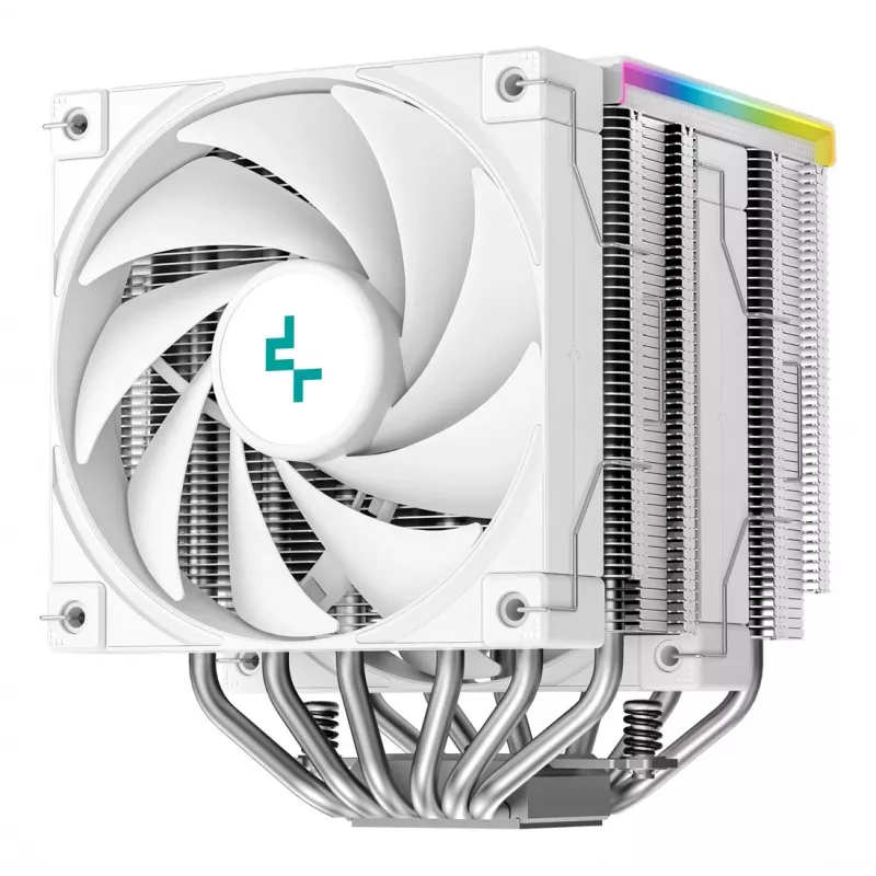 Oro aušintuvas DeepCool AK620 Digital SE White – du 120 mm ventiliatoriai, 6 šilumos vamzdeliai, PWM, LGA 1700, įmontuotas ekranas