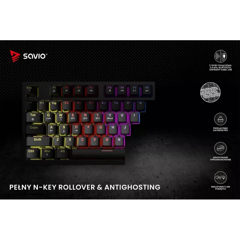 Savio Phenix SAVGK-RED belaidė mechaninė klaviatūra (82 klavišai, 75 %, Gateron Pro, RGB, RF 2,4 GHz / Bluetooth / USB)