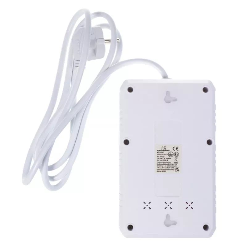 Ilgintuvas MACLEAN MCE392 W – 4 kištukiniai lizdai, 3×USB-A, 110–240V, 2.1A, 2500W, 1,5 m laidas, baltas