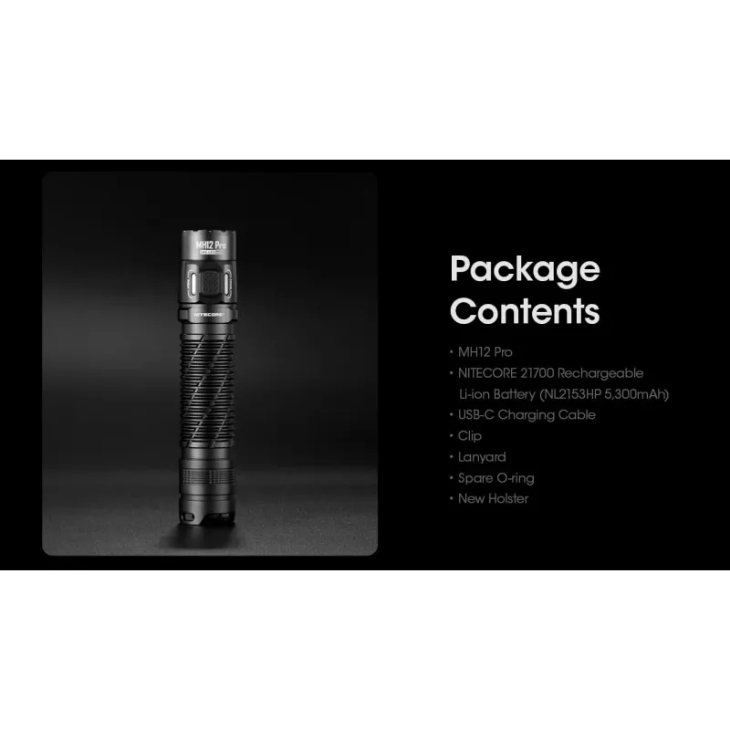 Rankinis žibintuvėlis Nitecore MH12 Pro Black LED 3300 lm įkraunamas per USB 5300 mAh, aliuminis, 138,5 mm, 81,5 g, atsparus vandeniui 2 m