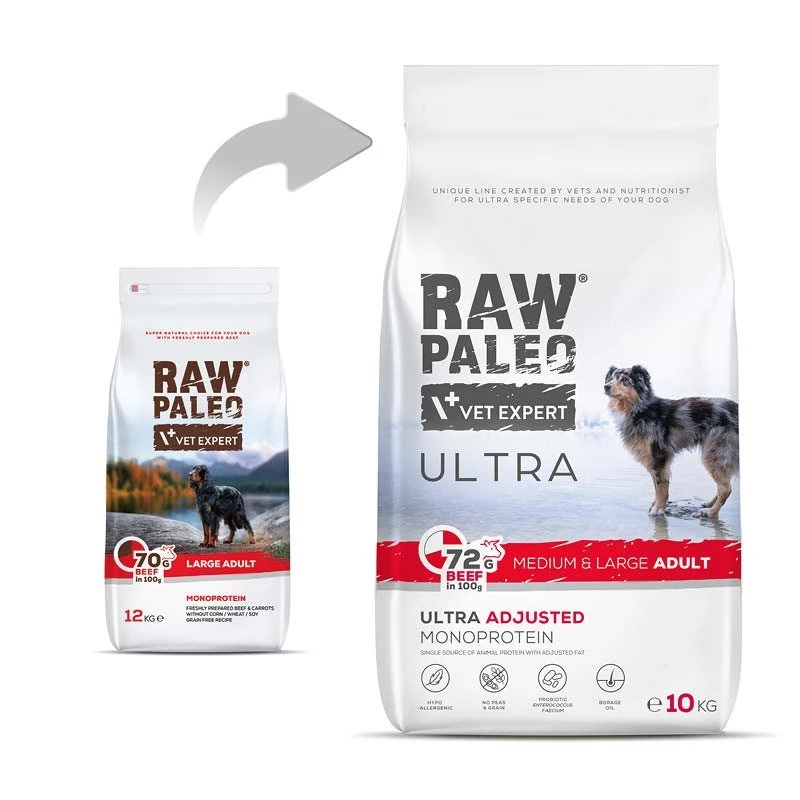 RAW PALEO Ultra Medium&Large Adult Beef - sausi šunų ėdalai - 10 kg