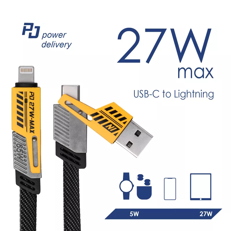 Akyga AK-USB-57 4-in-1 pintas kabelis USB-A/USB-C – USB-C/Lightning, USB 2.0, 65 W, 1 m, pilkas