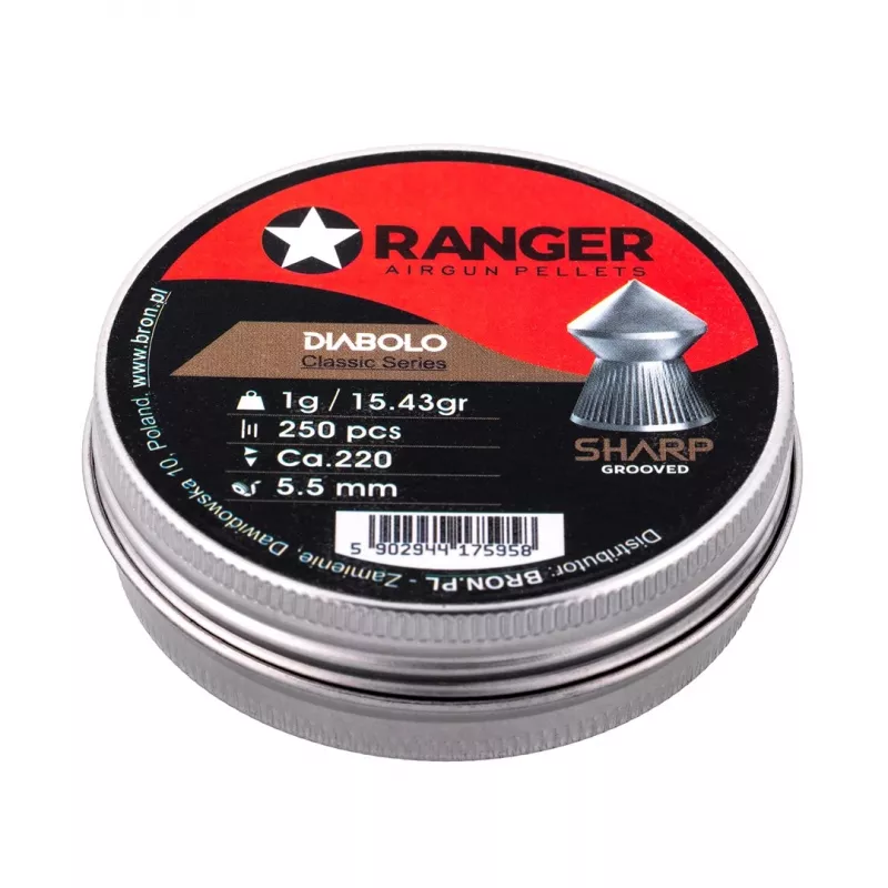 5.5 mm RANGER Diabolo Professional Sharp Grooved Point 250 šratų dėžutė