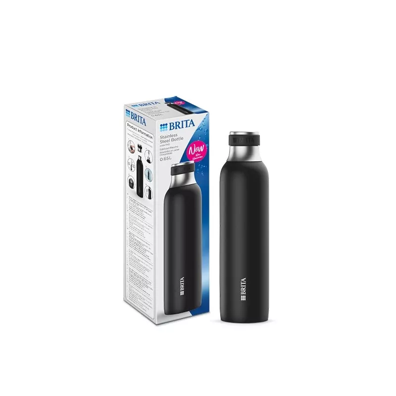 BRITA gazuoto vandens butelis 650 ml, nerūdijantis plienas, juodas, tinkamas plauti indaplovėje
