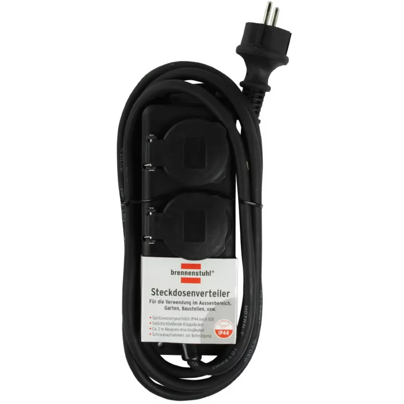 Brennenstuhl Prailginimo lizdas IP44 2-jų angų juodas 2,0 m H07RN-F 3G1,5 - Prailginimo laidas - AC 230 V - išėjimo jungtys: 2 - 2 m (1159930)