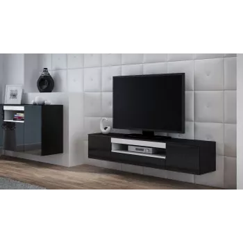 TV stovas cama meble VIVA 180 – 1800×400×370 mm, juodas viršus, juodas rėmas, balti akcentai